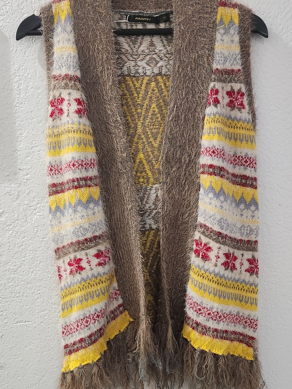Radzoli Women's Patterned Fringe Open Sweater Vest - Yellow, Red, Brown, Grey